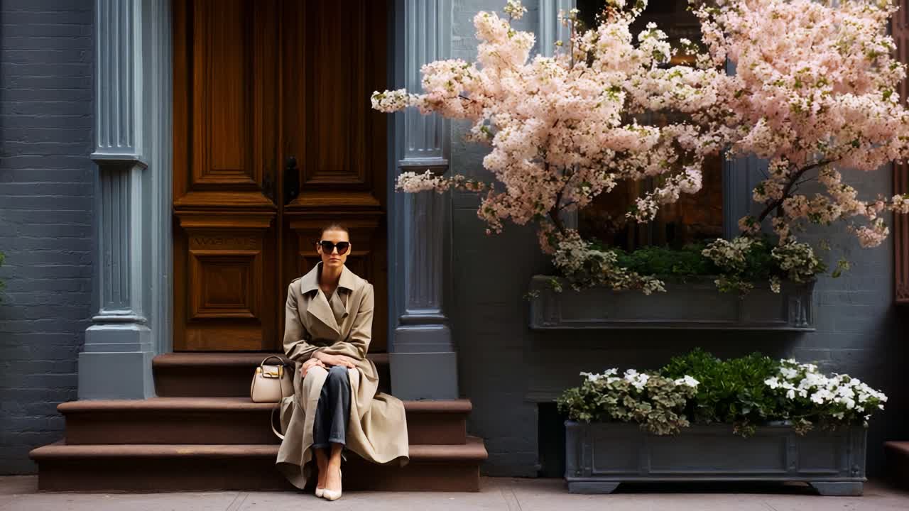 A Stylish Woman Seated Elegantly on Steps Surrounded by Beautiful Blossoming Trees, Showcasing Spring Fashion and Urban Beauty in a Charming City Setting
