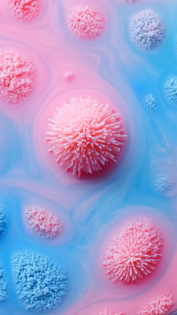 Vista ravvicinata dall'alto di un piatto circolare poco profondo contenente liquido lattiginoso viscoso con pigmenti blu pastello e rosa miscelati che formano flussi marmorizzati lisci, anelli concentrici e noduli testurizzati in aumento