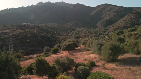 Ascenso-Del-Dron-Con-Vistas-Al-Campo-Y-Las-Montañas-En-El-Fondo-De-Un-Día-Soleado-En-Cerdeña,-Italia---Tiro-Aéreo