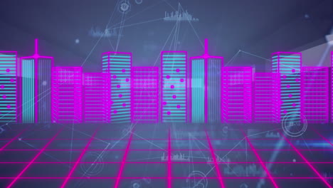 animation of 3d generated buildings over network of connections