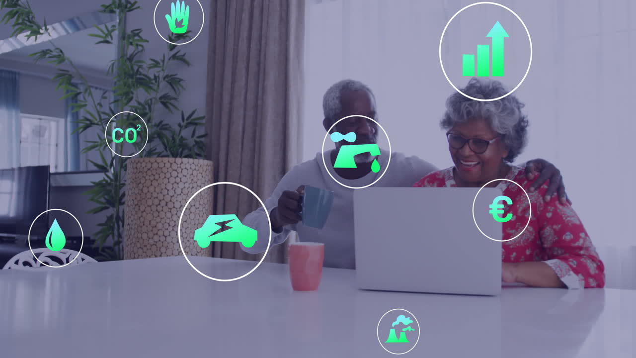 At home, elderly couple drinking coffee with animation of environmental icons