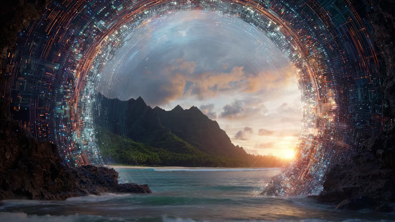 A breathtaking portal opens to a serene coastal landscape at sunset, merging futuristic elements with natural beauty, where technology meets nature's tranquility
