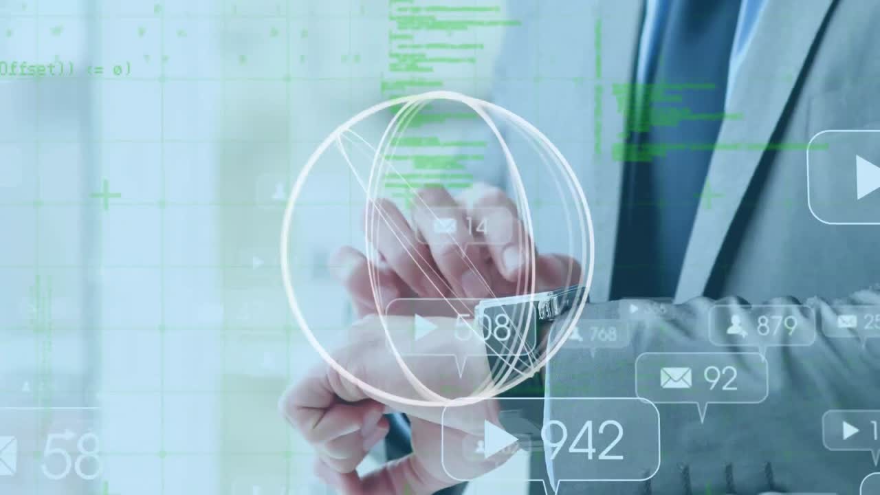 글로벌의 애니메이션과 소셜 미디어의 연설 거품이 비즈니스맨이 스마트 워치를 확인합니다.