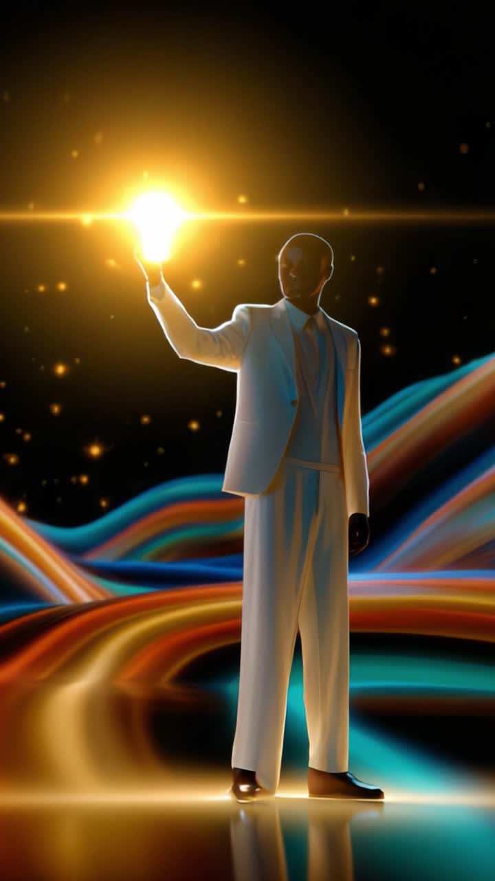 Una figura silueteada con un traje blanco sosteniendo un objeto brillante contra un fondo cósmico, enfatizando la luz y el color en un entorno surrealista.