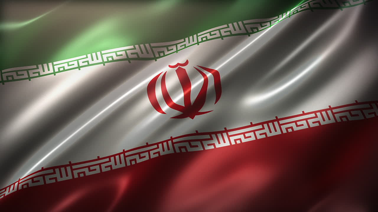 La bandiera nazionale della Repubblica Islamica dell'Iran che sventola al vento, inquadratura dall'alto, vista prospettica, aspetto cinematografico, elegante texture setosa
