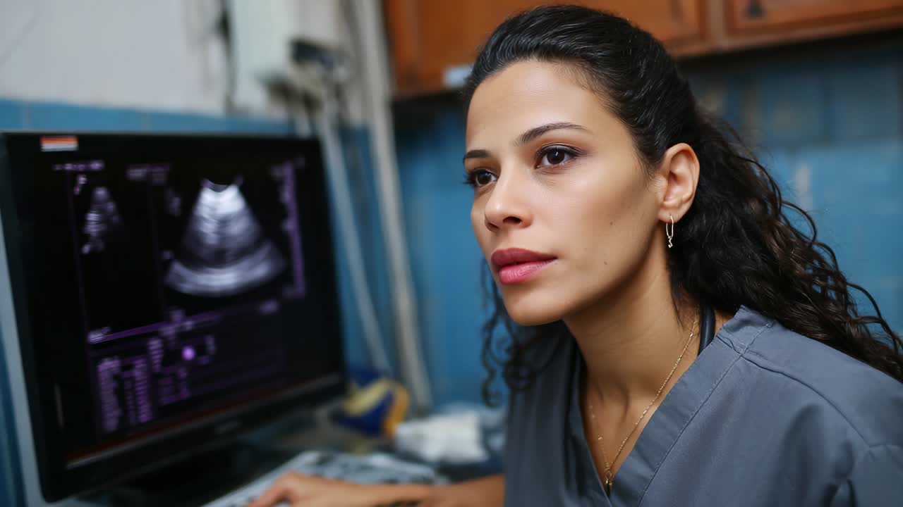 Professionista medico concentrato che analizza immagini ecografiche sullo schermo di un computer, mettendo in evidenza la competenza nella diagnostica del paziente e nella tecnologia sanitaria, catturando informazioni dettagliate per le valutazioni mediche