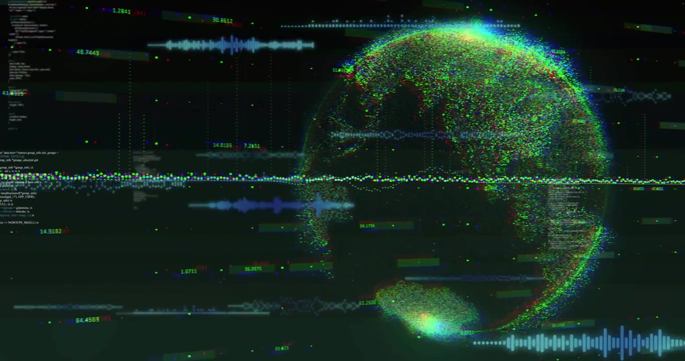 Dark scene starting data line forming globe, waveforms pulsing, code scrolling for live monitoring