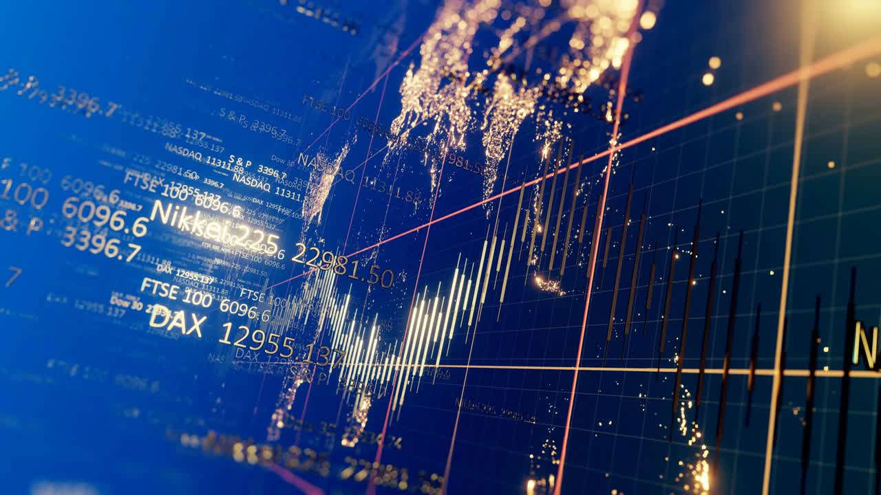 movimiento de la cámara a través del espacio azul 3d con un mapa del mundo e índices bursátiles. animación digital de los cambios de precios del mercado de valores. bucle de animación 4k