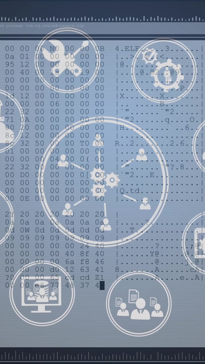 Digital animation of digital interface with data processing against blue background