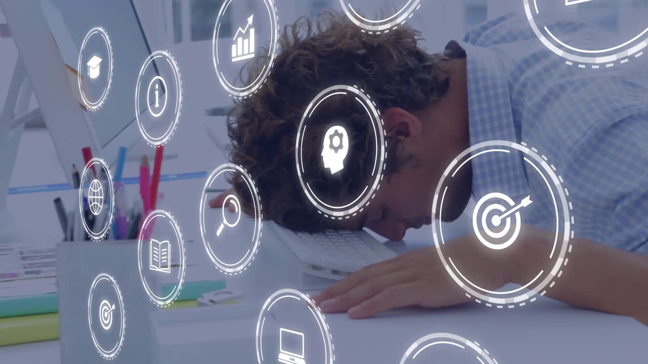 Worker leaning forehead onto papers and pressing sheet as learning icons fading in showing fatigue