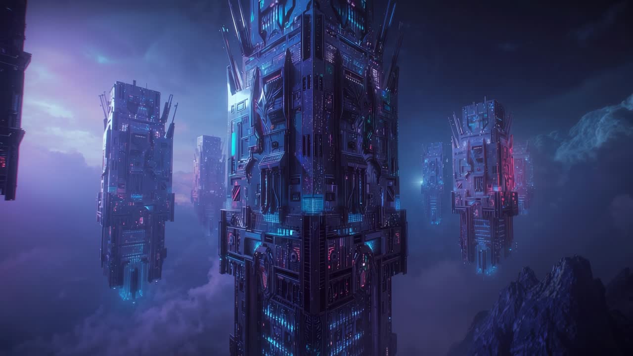 Pulsing neon-lit three futuristic towers floating above clouds at twilight, highlighting circuitry