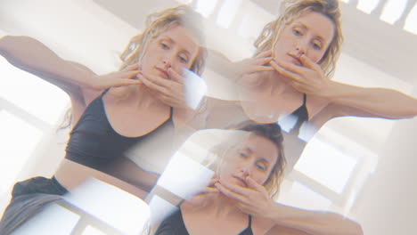 caleidoscopic effect of a focused blond woman performing a contemporary dance in the studio 1