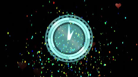 Digital-animation-of-confetti-falling-over-neon-digital-clock-ticking-and-red-heart-icons-falling
