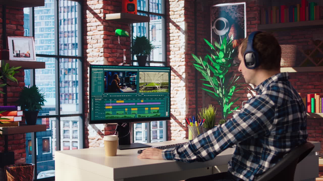 videógrafo juntando piezas de película en la computadora, editándolas