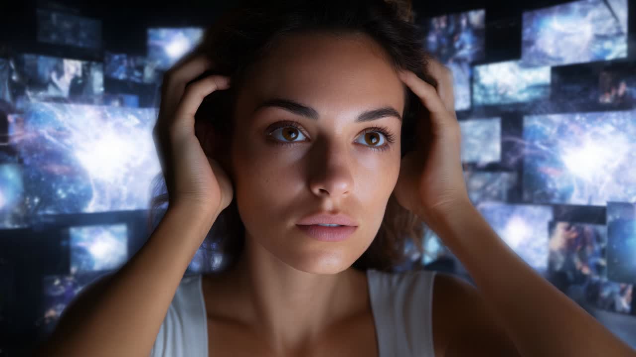 A Deep Contemplation: A Young Woman in a Dimly Lit Space Surrounded by Screens, Reflecting Introspectively as Cosmic Visuals Illuminate Her Expression, Capturing a Moment of Contemplation and Connection