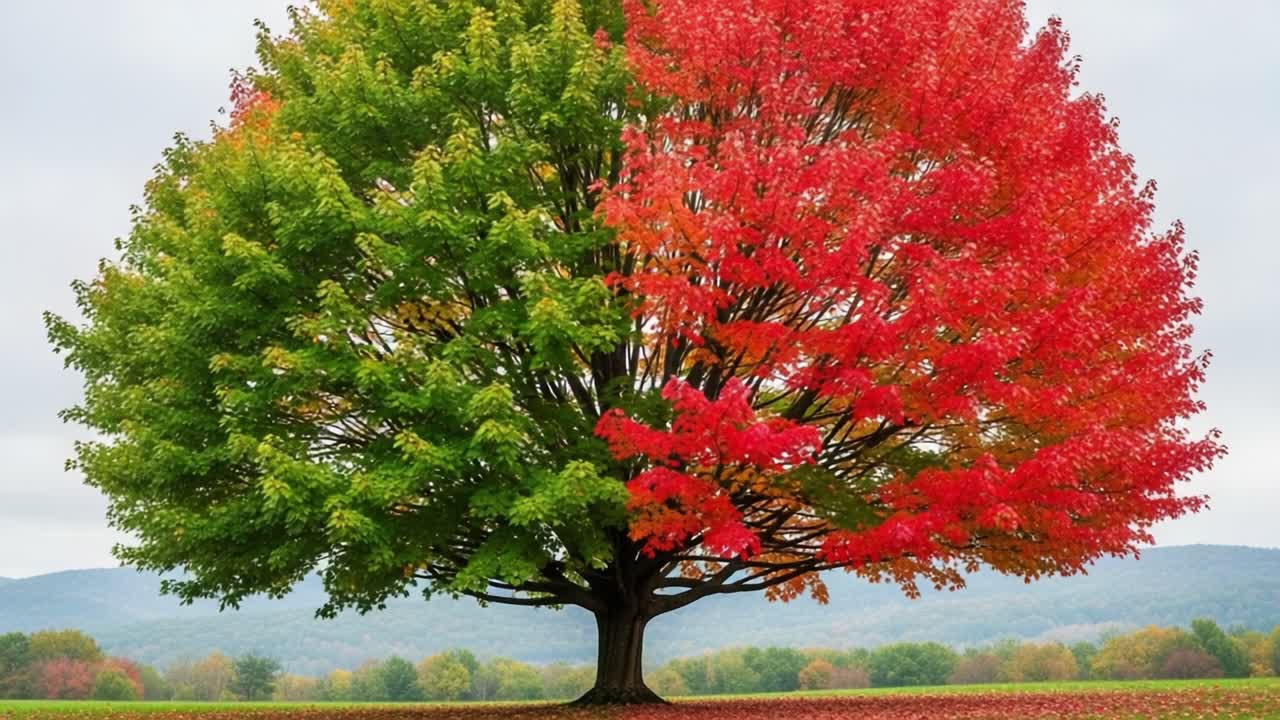 A stunning display of nature’s palette, this majestic tree showcases vibrant shades of green and striking red foliage, capturing the essence of a perfect autumn day