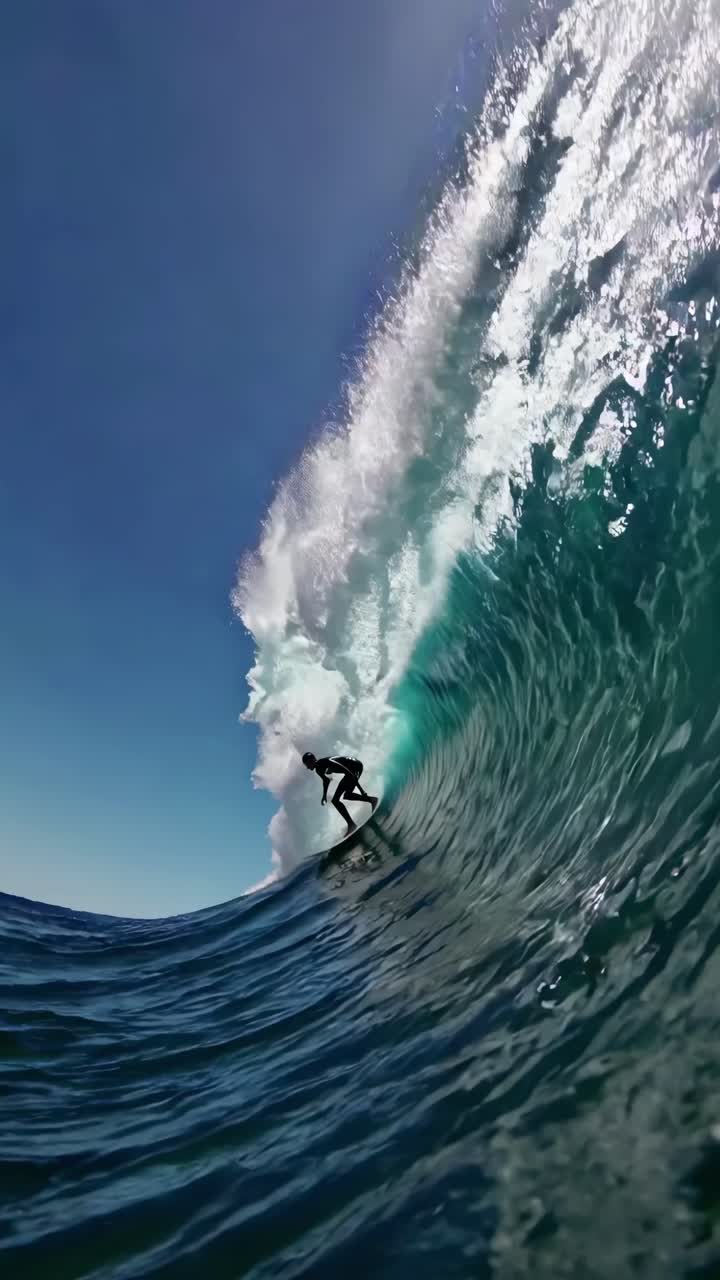 Inquadratura dinamica dal basso di un surfista che cavalca un'onda enorme, catturando l'emozione e il movimento