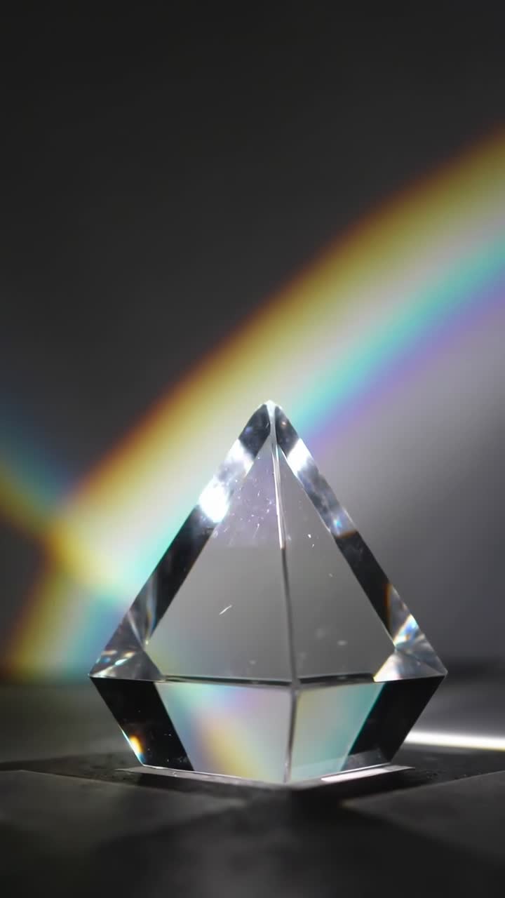 Prisma di cristallo che rifrange la luce in uno spettro arcobaleno in movimento