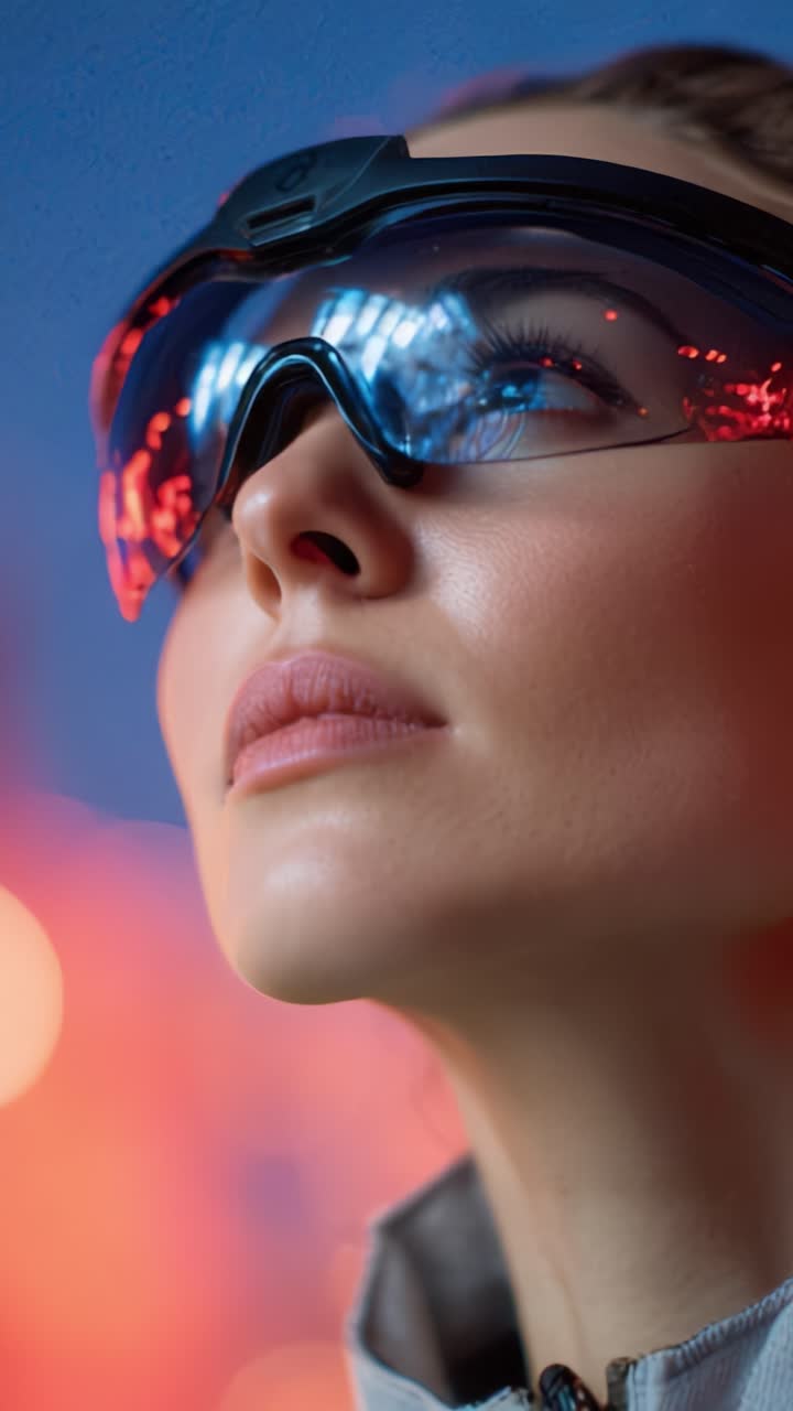 Exploring the Future: A Woman in High-Tech Glasses Gazes Confidently Ahead, Capturing the Essence of Innovation and Advanced Technology in a Stunning Visual
