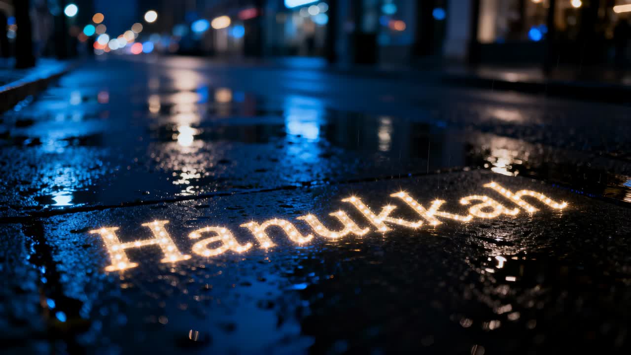 Glowing Hanukkah lettering casting warm reflections on wet sidewalk at night from puddle ripples
