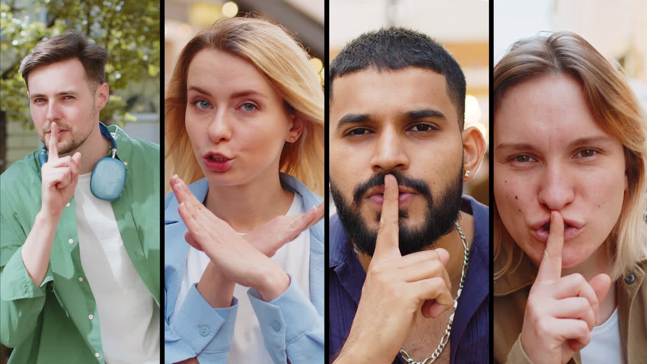 collage de personas hombres mujeres presiona el dedo índice a los labios hace silencio silencio gesto signo secreto