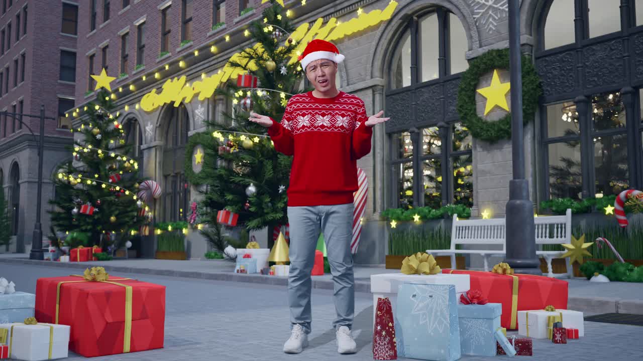 cuerpo lleno de hombre asiático en traje de papá noel mostrando un gesto desconcertado mientras estaba de pie en la noche de navidad