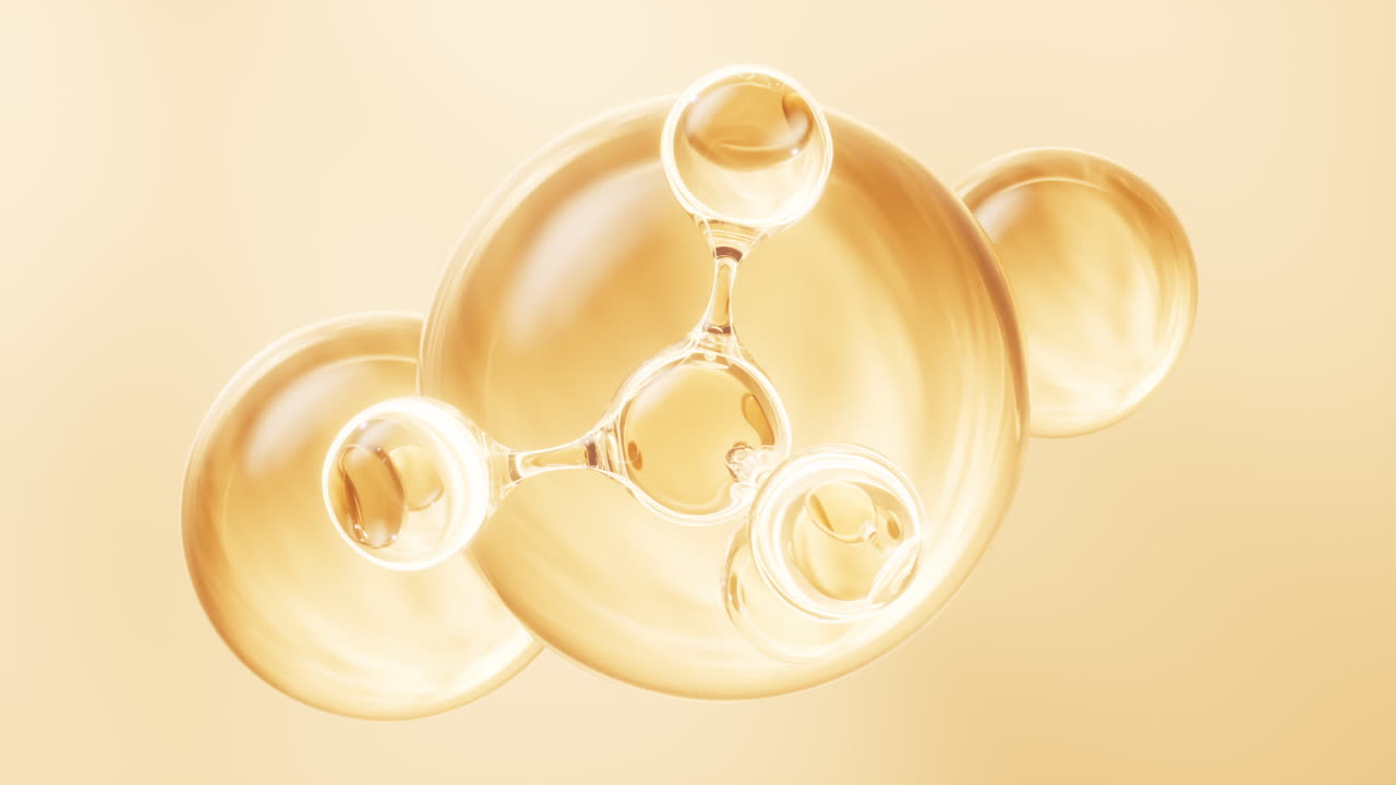 황금 분자 및 액체 거품, 3d 렌더링