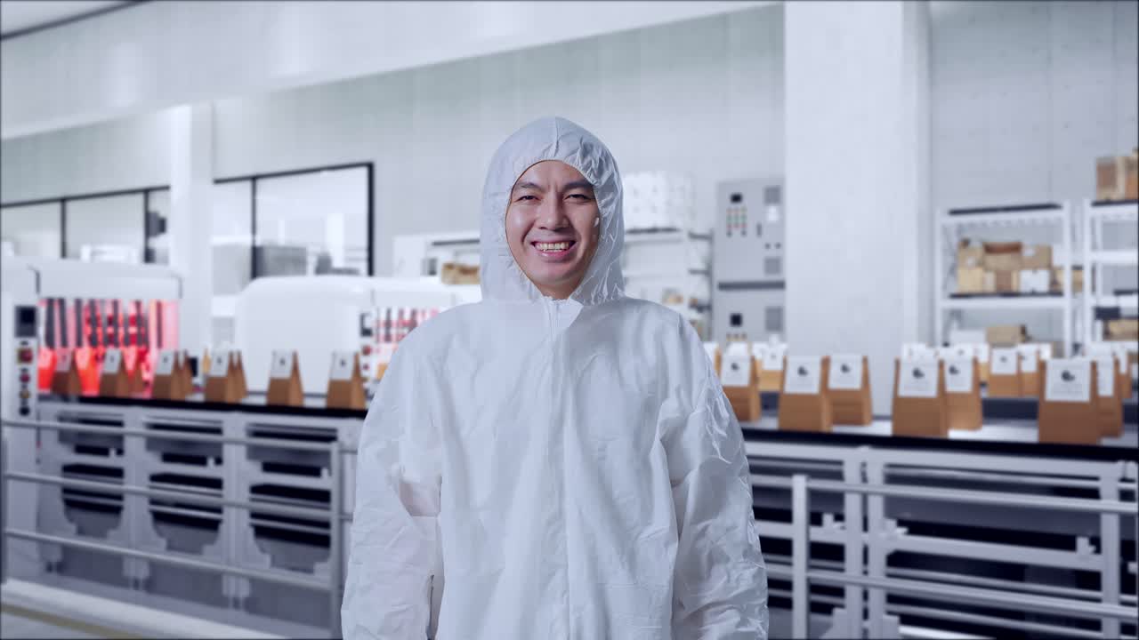 Asian Male Scientist Smiling With Conveyor for Packaging Coffee Beans in Bags at Coffee Factory