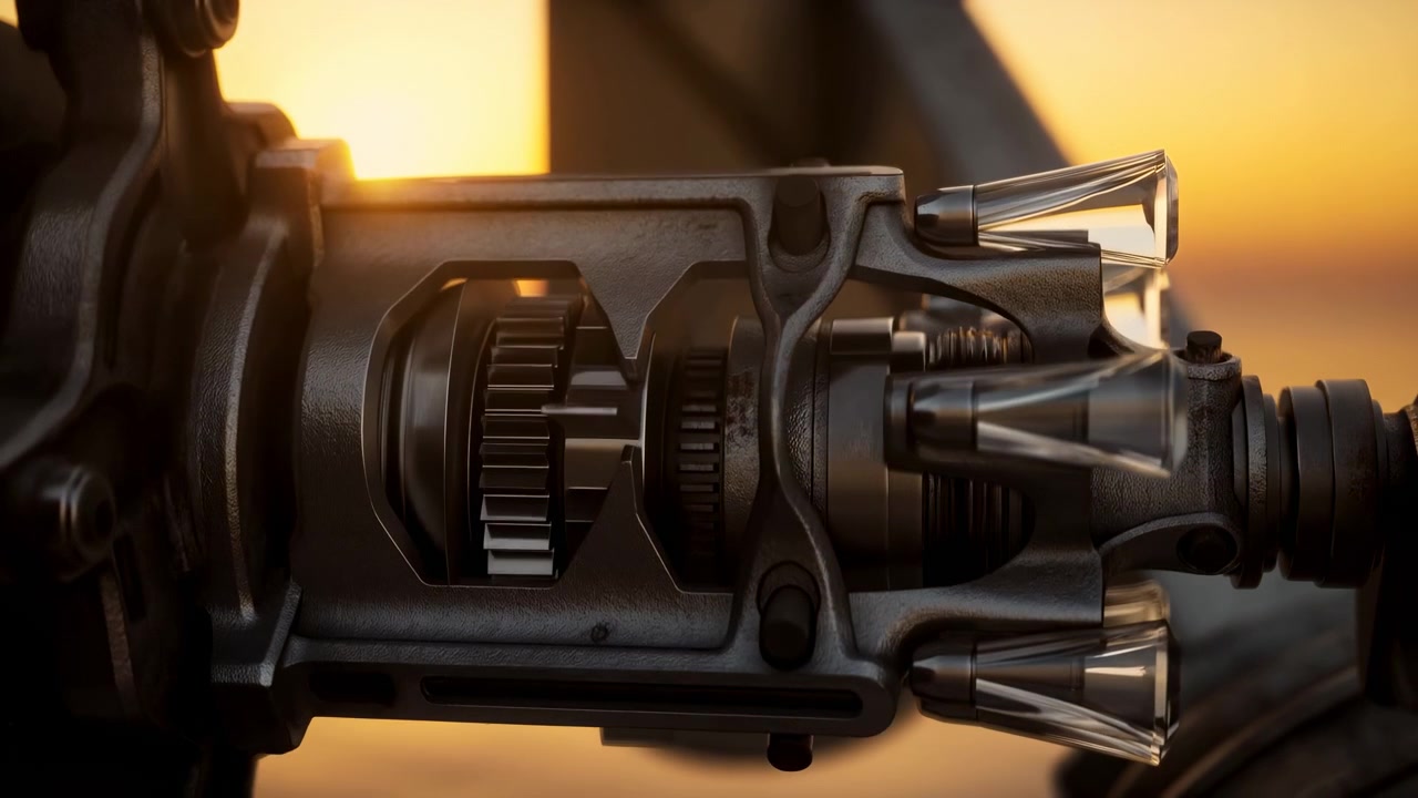 Horizontal close-up of static mechanical gearbox assembly mounted in housing, centered on intermeshed gears and splines with visible shift forks, cylindrical flanges, threaded fasteners, and