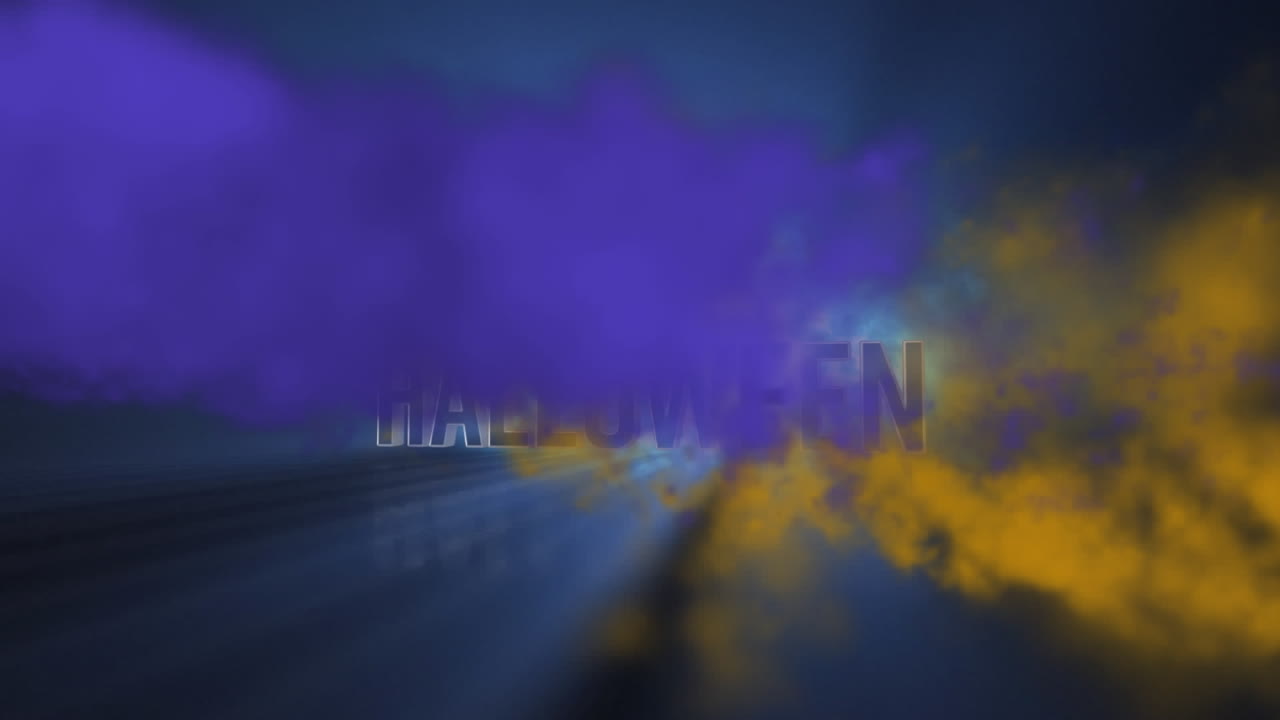 Animation of halloween writing with blue and orange smoke on black background