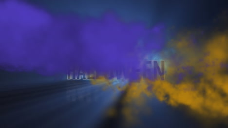 animation of halloween writing with blue and orange smoke on black background