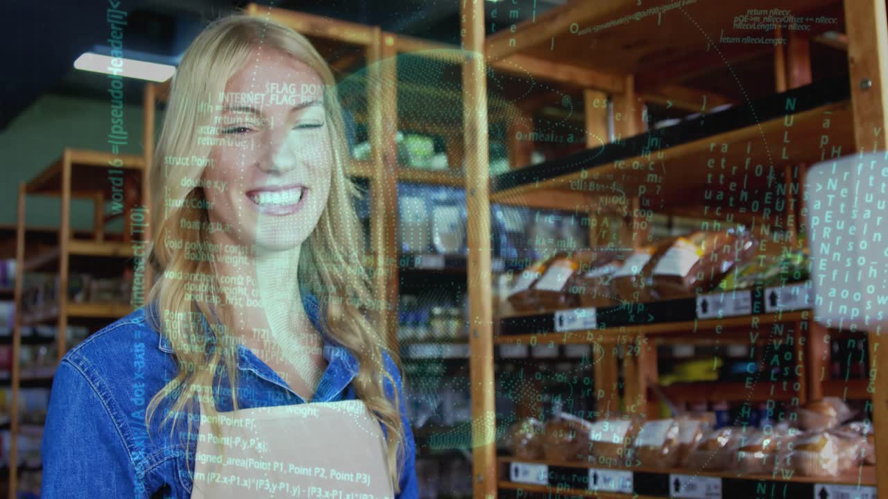 Un panettiere sorride al cliente mentre la telecamera si sposta, con un overlay AR verde che attraversa il viso mostrando i pani.