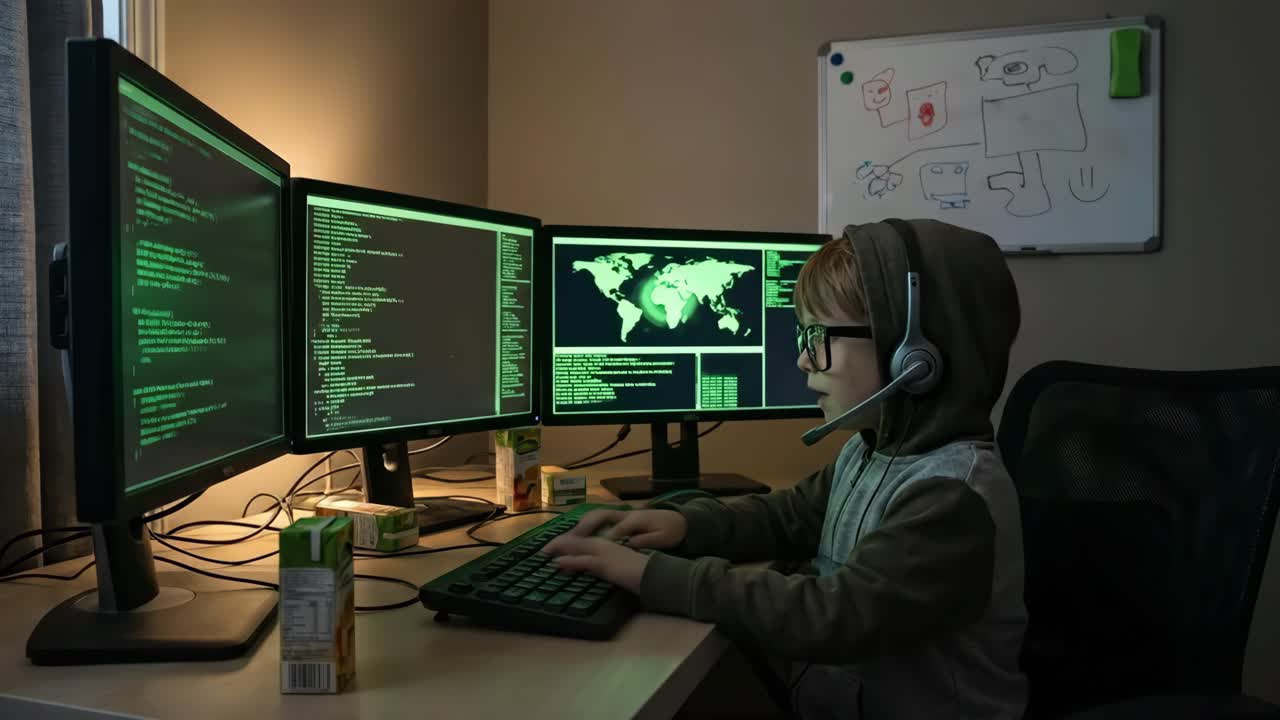 Young Boy Coding on Multiple Computer Screens with Headset