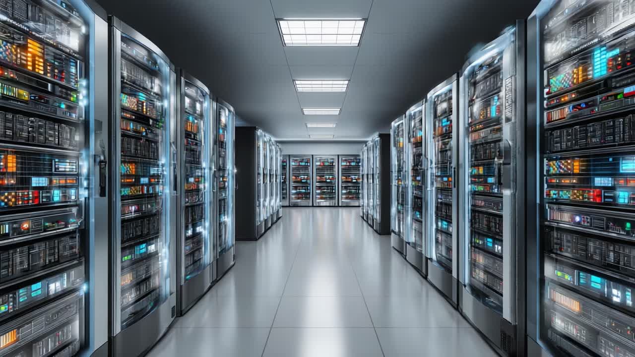 Udforskning af et avanceret datacentrum: Et kig ind i serverracks og netværksinfrastruktur i et moderne computermiljø