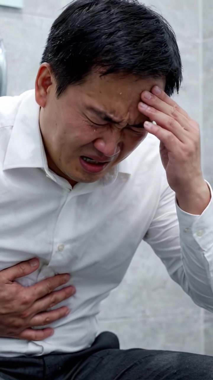 トイレで激しい不快感や痛みに耐える男性の様子。不快な状況下での彼の苦悩と無防備な姿を捉える