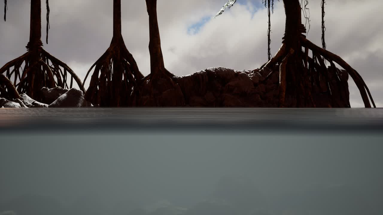 만그로브 나무 근처의 해수면 위와 해수면 아래