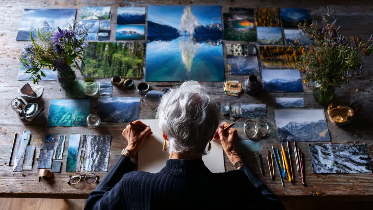 An artist's creative space showcasing a vibrant collection of nature photographs, surrounded by tools and inspiration, as an elderly individual prepares to craft a new masterpiece