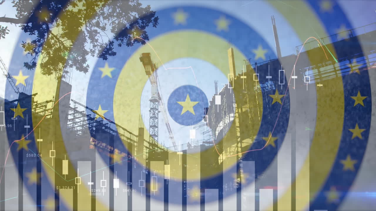 파란색 원을 움직이는 노란색 별과 건설 현장에 대한 데이터 처리