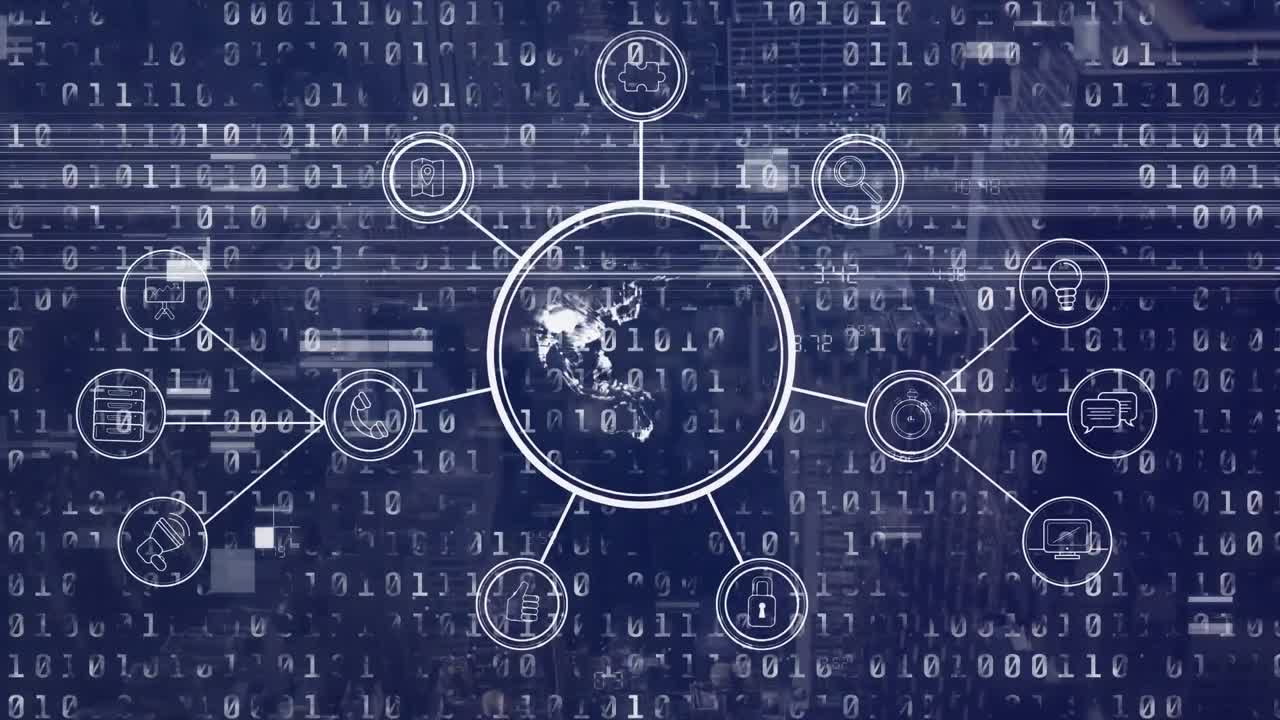 animación del procesamiento de datos con globo sobre fondo azul