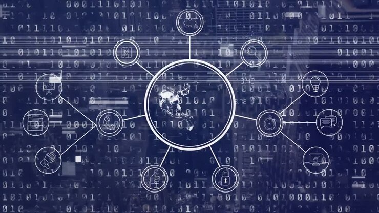 Animation of data processing with globe on blue background