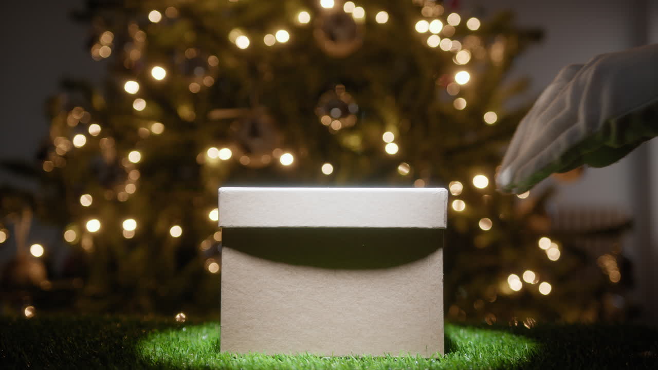 Santa Claus Hand Inserts a Gift Package Into a Box in Front of the Tree