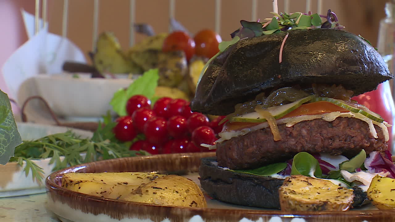 Black Bun Burger with Side Dish