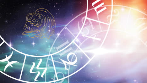 Animation of aquarius star sign and horoscope zodiac sign wheels on starry sky background