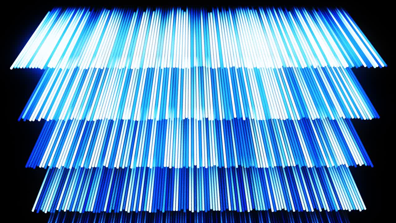 3d 공간에서 선을 따라 줄로 줄지어있는 파란 빛의 입자를 가진 추상적인 3d 루프 배경, 다채로운 입자와 부드러운 애니메이션 카메라를 가진 축제 vj 루프, 모션 디자인 배경.