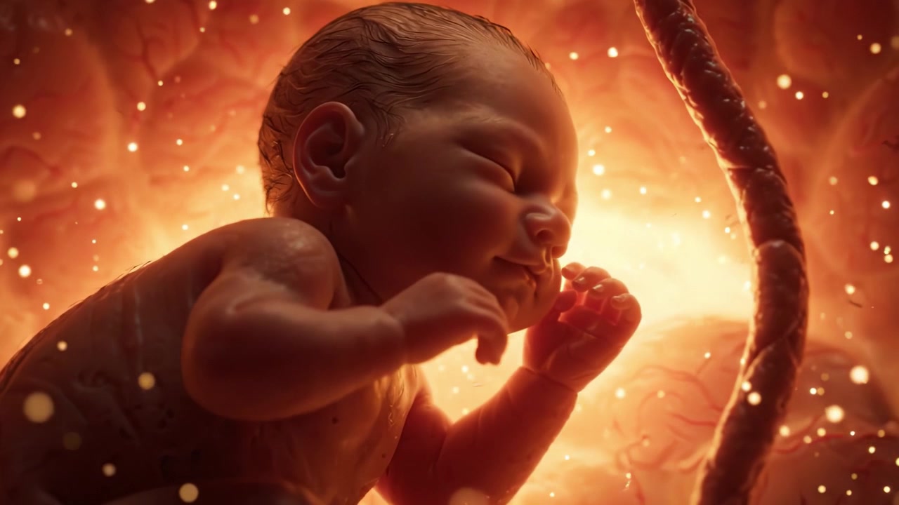 Uno sguardo al miracolo della vita: un feto in via di sviluppo nell'utero circondato da un bagliore straordinario ed elementi naturali che catturano l'essenza della creazione
