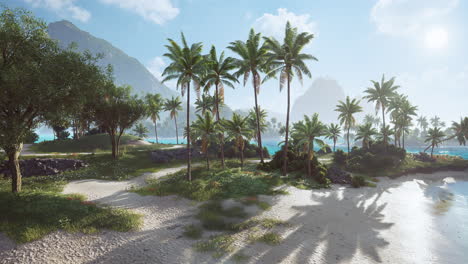 beach landscape with palm trees and mountains under a clear blue sky
