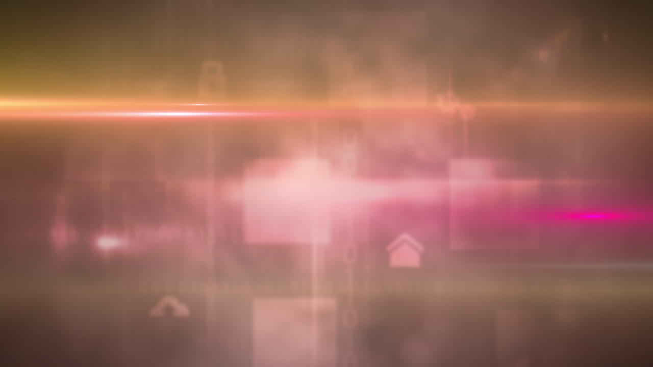 어두운 배경에 사각형 모양과 디지털 아이콘에 대한 다채로운 빛의 트레일