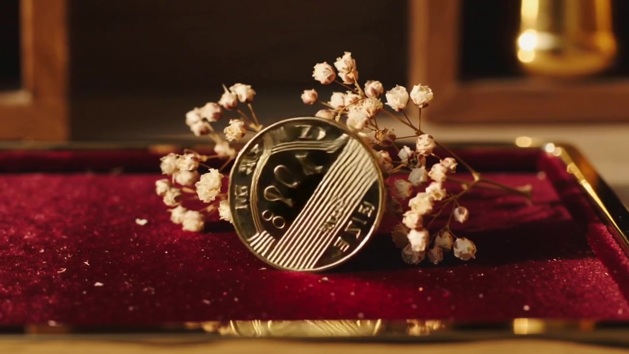 旋轉中的金幣在紅色絲絨托盤上移動，因旋轉慣性搖晃著落入滿天星中
