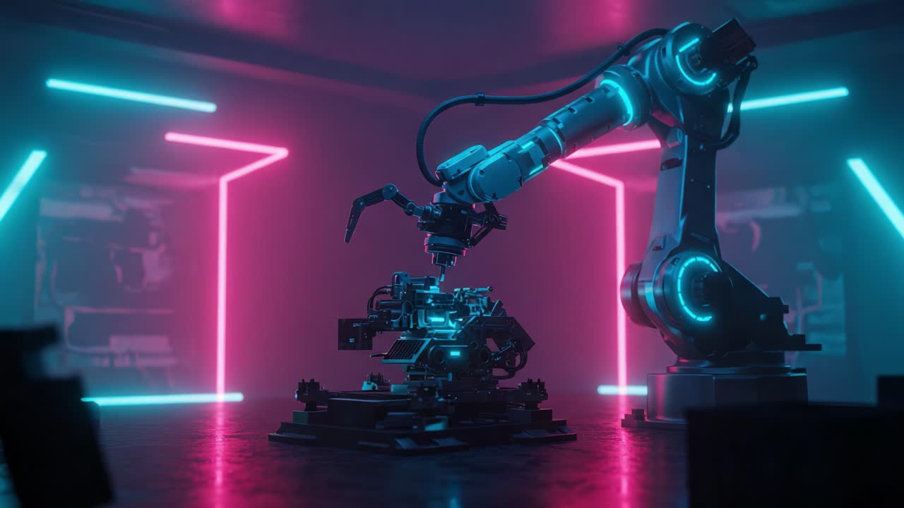 Futuristic Robotic Arm Working on a High-Tech Component in a Neon-Lit Environment with Enhanced Visual Effects and Advanced Mechanics