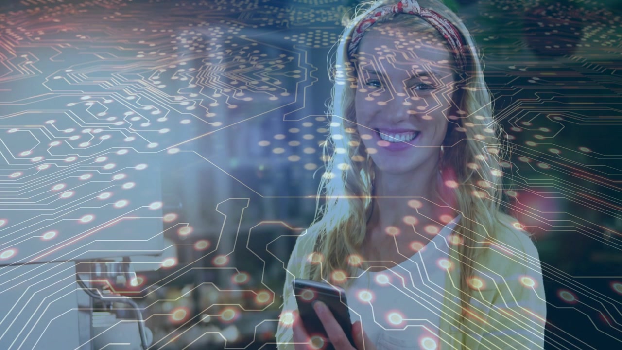 Woman glancing at phone and bringing phone near, tapping and engaging with circuit-board overlay